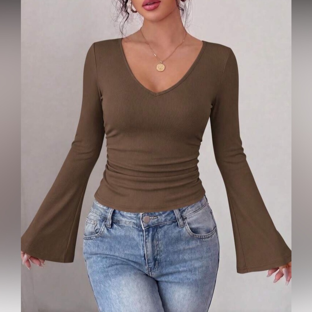 Women's Brown V-Neck Bell Sleeve Top